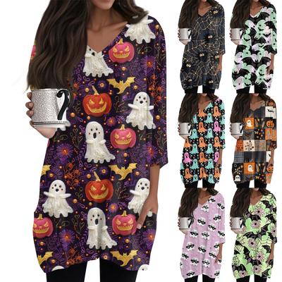 Womens's Fashion Casual Halloween Print V-neck Mid Length Pocket 3/4 Sleeve Top