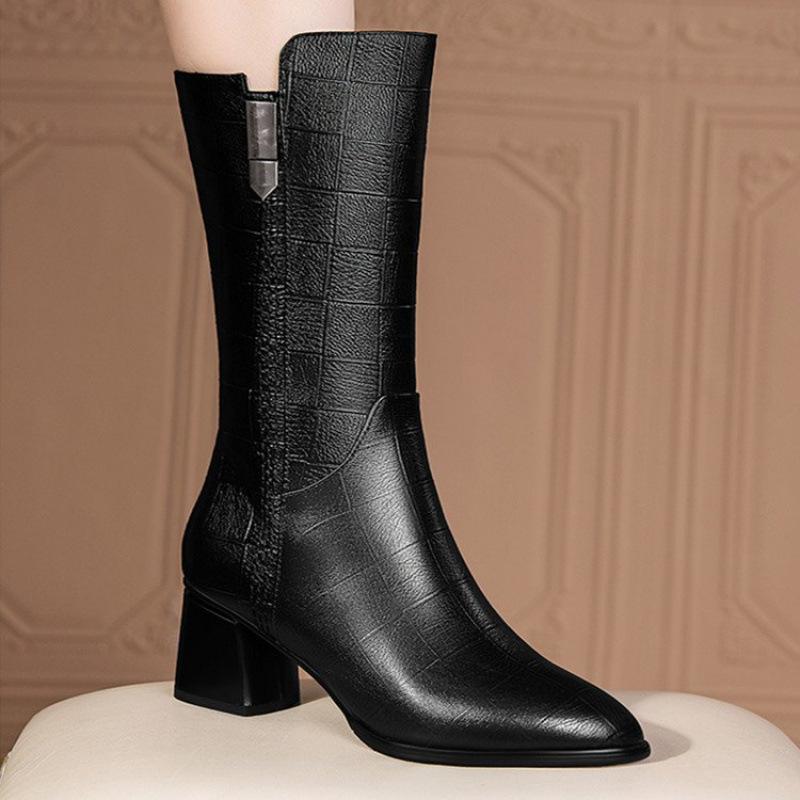 Autumn and winter soft leather boots medium boots purchase velvet leather boots 35