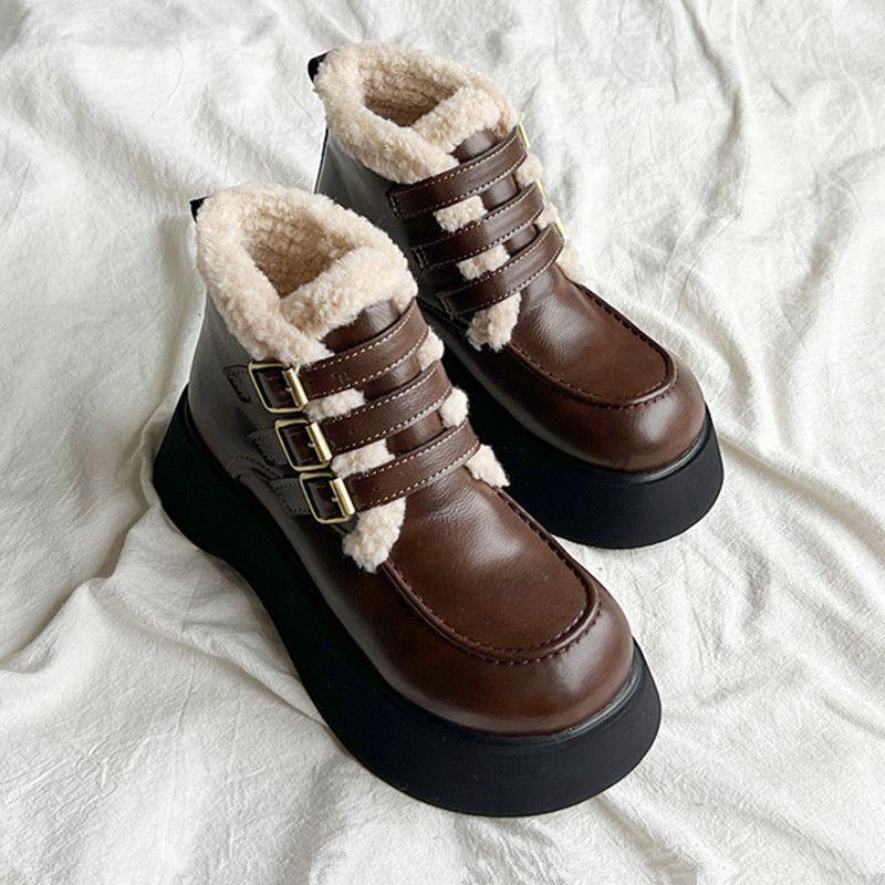 Women's Belt Buckle Soft Sole Winter Warm Fur One Snow Boots Padded Lined Ankle Boots Non-Slip Hiking Casual Sports Cotton Boots Martin Boots