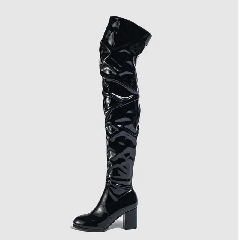 

Women Patent Leather Square Heel Long Boots Round Toe Side Zipper Over Knee High Boots OL Outdoor Office Nightclub Pub Party 42 чорний