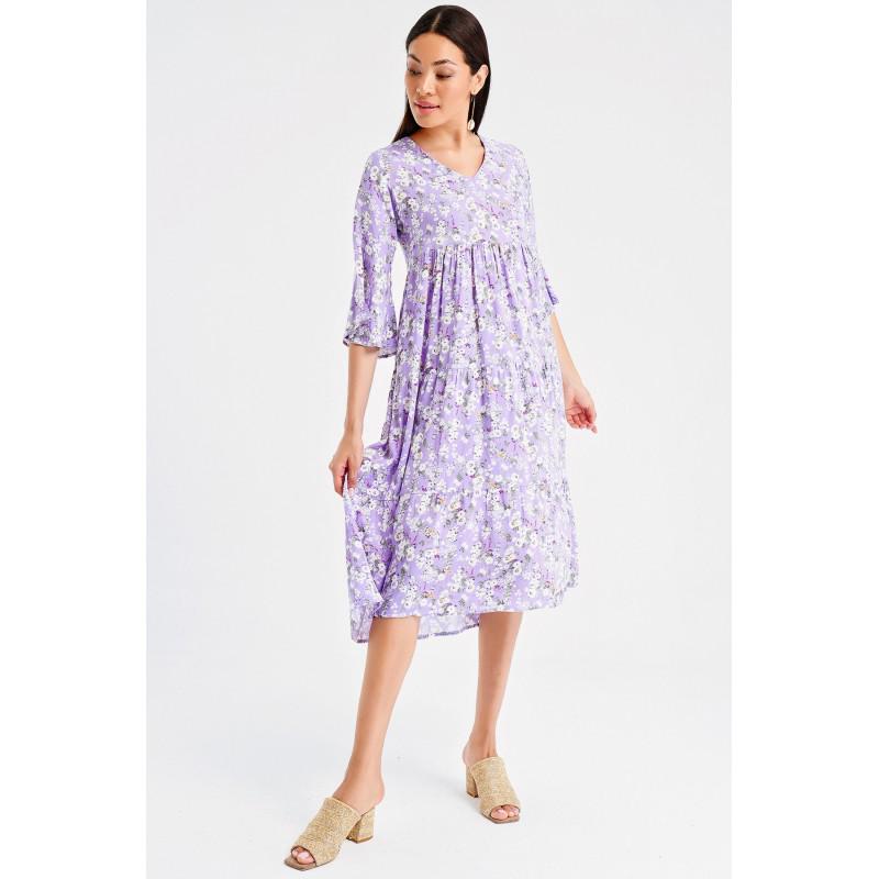 

Платье из вискозы с рисунком маков и поясом