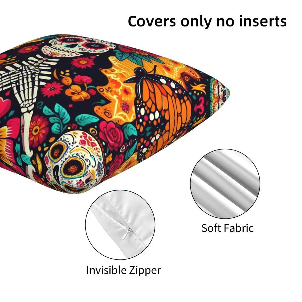 Mexican Sugar Skulls And Flowers 2 Pcs Square Pillowcase Pillow Cover Cushion Decor Comfort Throw Pillow For Home Sofa