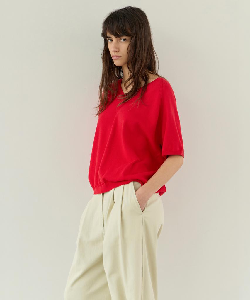 Leuba Fresh Cotton V-Neck Knit - Tomato Red
