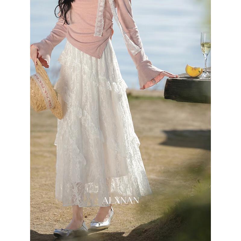 Lu Xiang Nan Women s French-Style Beige Lace Mid-Length Skirt M