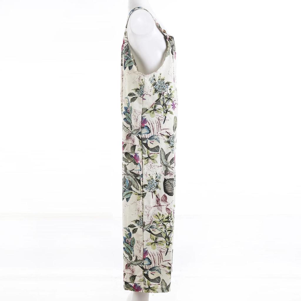 Women Ethnic Style Jumpsuits Summer Overalls Multicolor Square Neck Sleeveless Casual Rompers with Pockets for Girls Playsuit