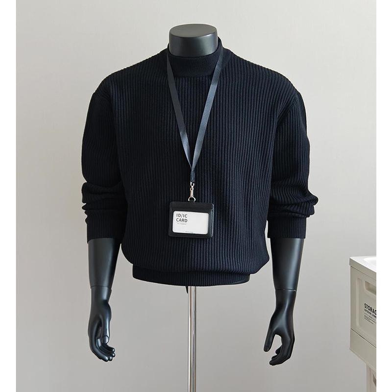 Herren Weißer Gerippter Rollkragenpullover - Herbst/Winter Lazy Style, Gestrickt, Gerade Schulter, Hohe Dehnbarkeit