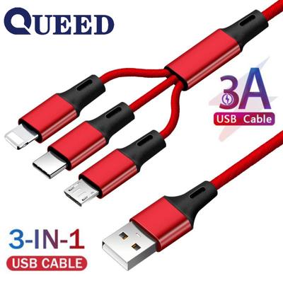 QUEED 3-in-1-Schnellladekabel für Mobiltelefone, Schnellladegerät, Micro-USB-Kabel, Typ C, Android-Ladekabel für iPhone 3, Kreis zum Aufladen