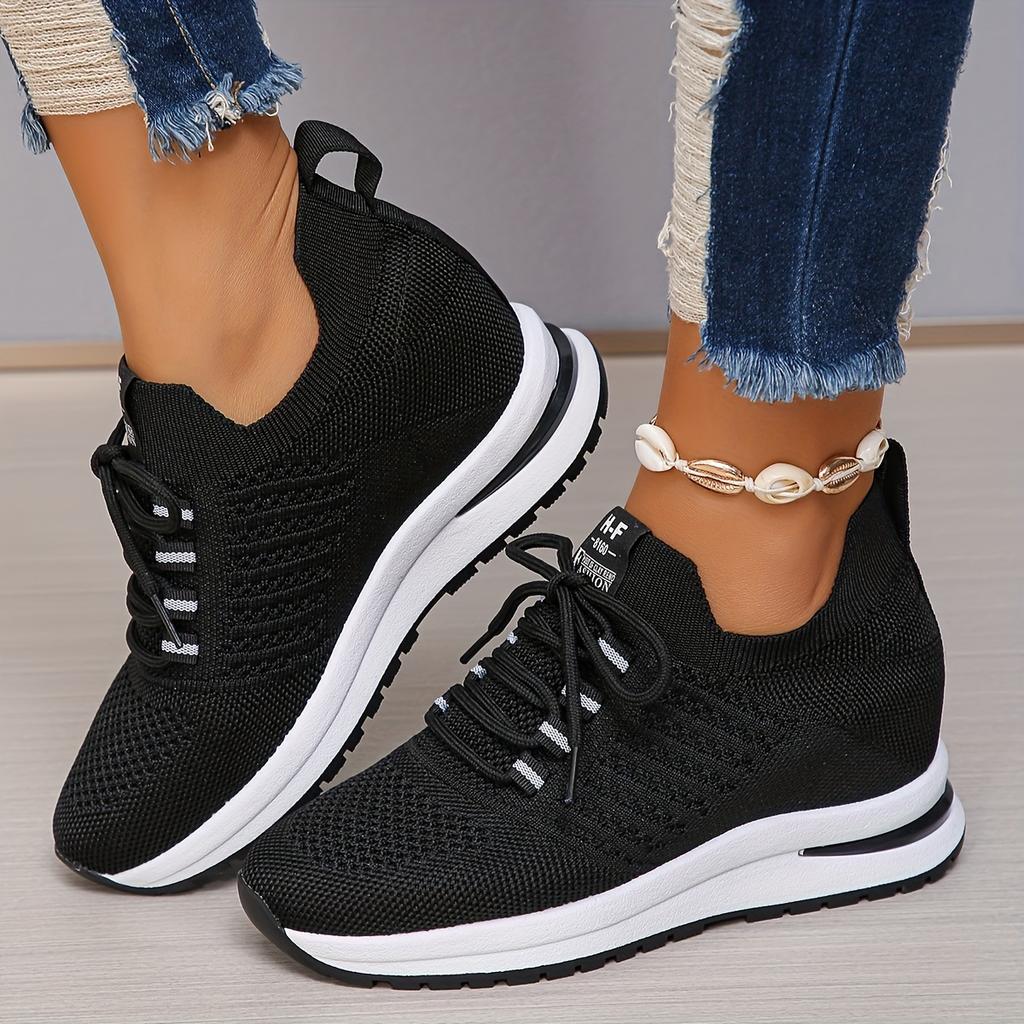 Big Yards Within The High Women's Shoes 2025 Summer New Casual Lace Thick Bottom Slope with Flyknit Mesh Shoes Female