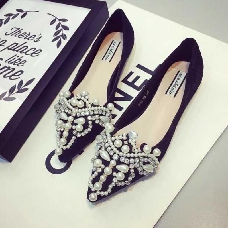 New Crown Pearl Soft Flats Wedding Shoes Pointed Toe Women Dress Moccasins Low Pearl Heel Ladies Fashion Luxury Plus Size 43