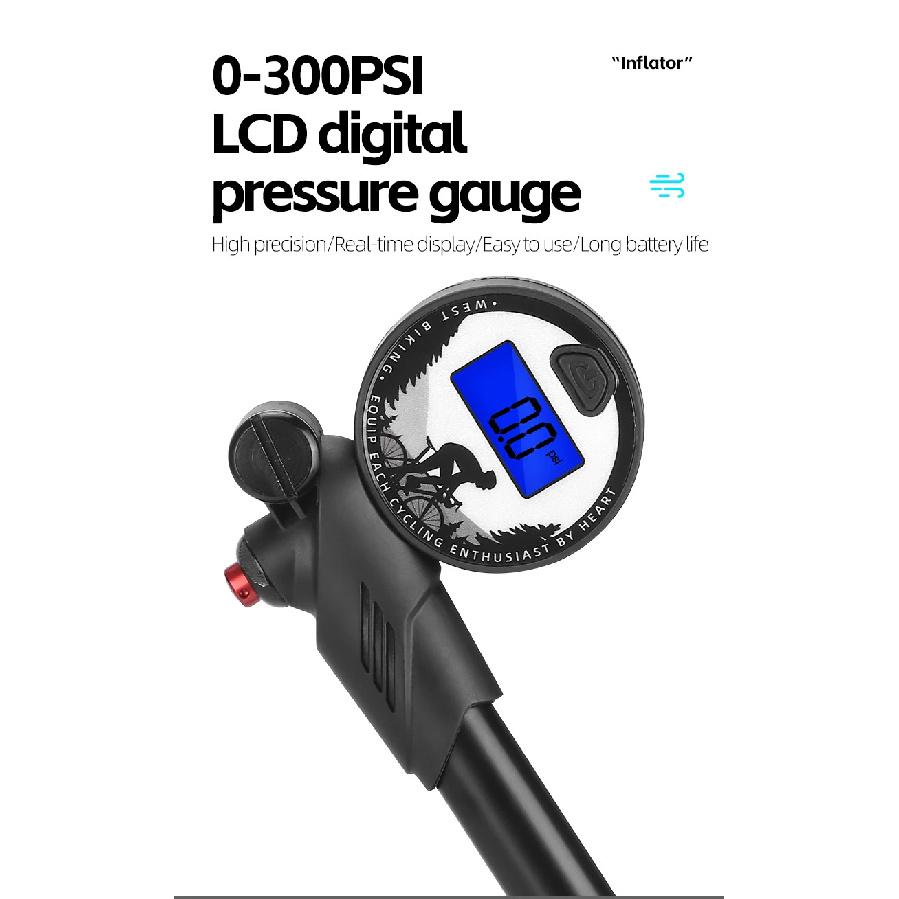 WEST BIKING 300PSI Bicycle Pump LCD Digital Diaplay Air Pressure Gauge Bike Pump Portable Tire Infalator MTB Cycling Equipment