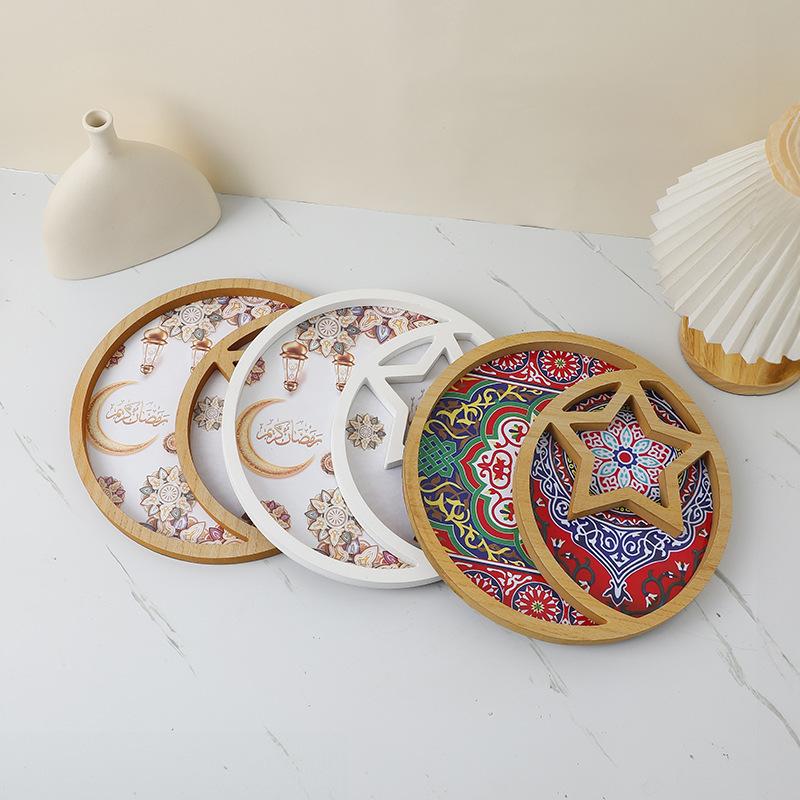 New Serving Trays for Party Eid Wooden Moon Star Plate for Dessert Fruit Nuts Pastries Dessert Storage Tableware Festival Decor