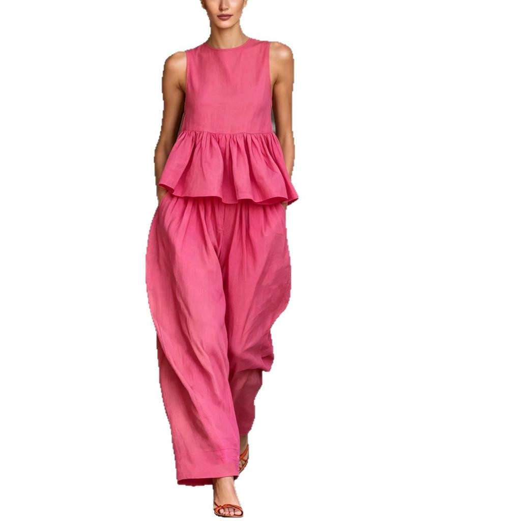 2026 summer new Amazon, suit women's sleeveless ruffle top + loose wide-leg pants two-piece commute