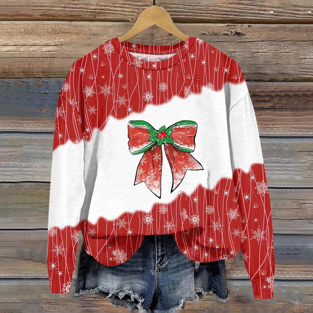 Women's Fashion Christmas Printed Long Sleeve Loose Round Neck Sweatshirt Top Fall
