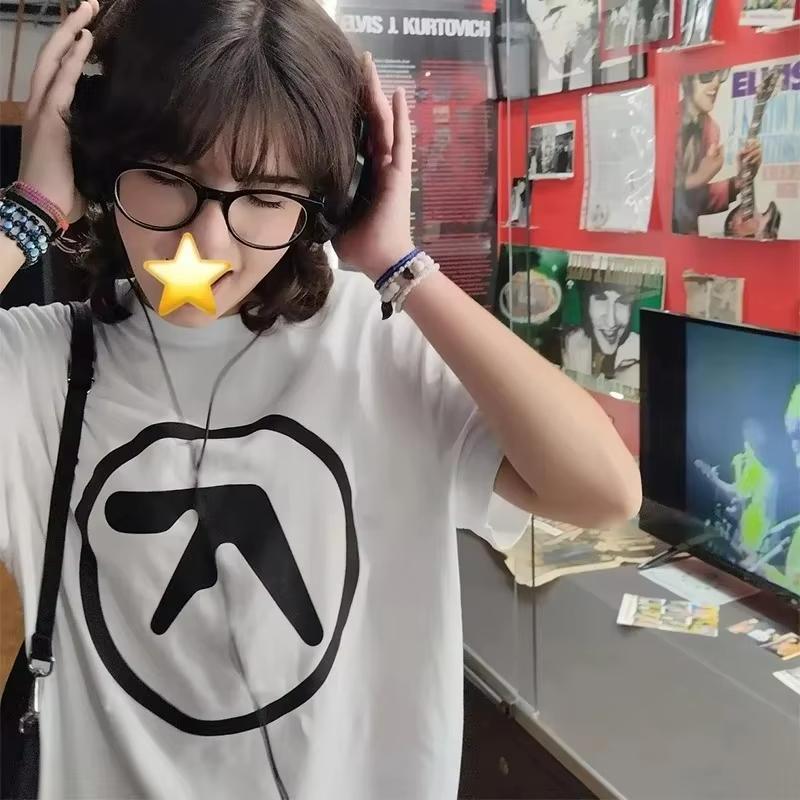 2025 Summer Korean style women Tshirt Aphex Twin Y2k Streetwear Graphic Fashion Printing Harajuku Vintage Styles Oversized Tops