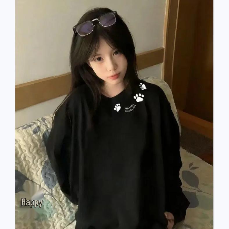 

American Tide Cat Paw Print Women s Long Sleeve Cotton T-Shirt - Trendy Spring/Autumn Loose Fit M (suggested for 101-115 lbs)