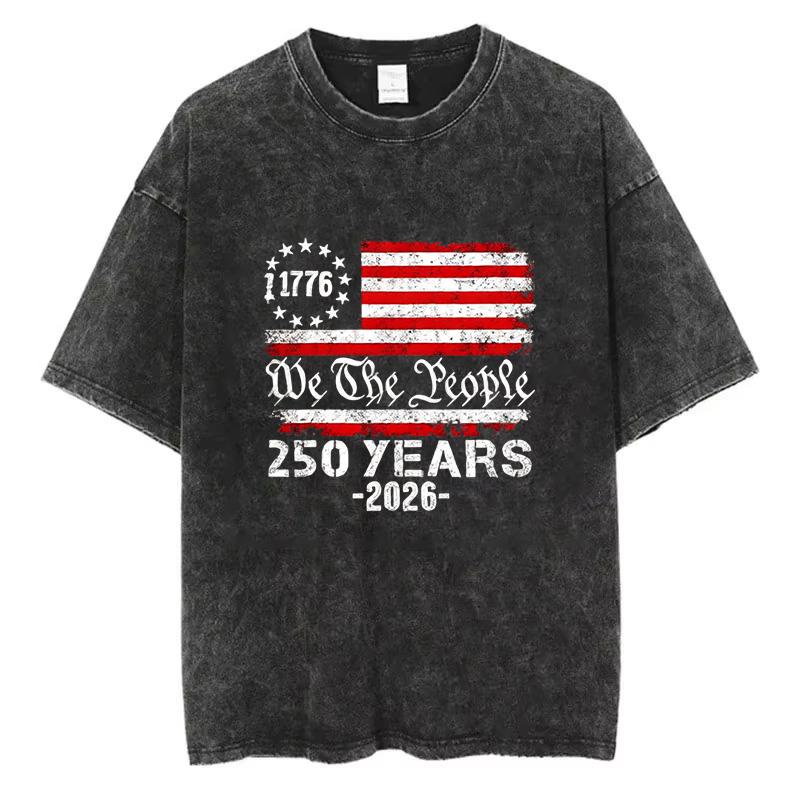 Vintage Washed Cotton TShirt Men Freedom American Flag Graphic Tee July 4th USA Independence Day Retro Streetwear