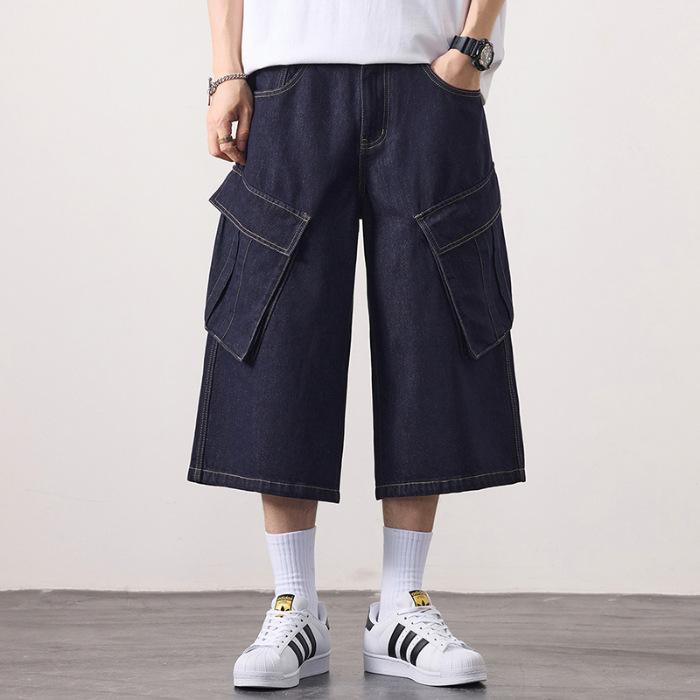 

Рабочие джинсовые укороченные брюки мужские с большими карманами свободные прямые широкие укороченные брюки 40 синий