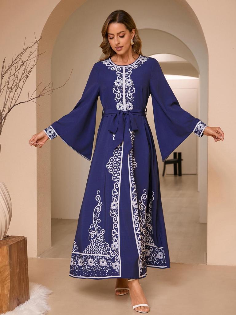 Arabic Party Bell Sleeve Digital Print Long Dress