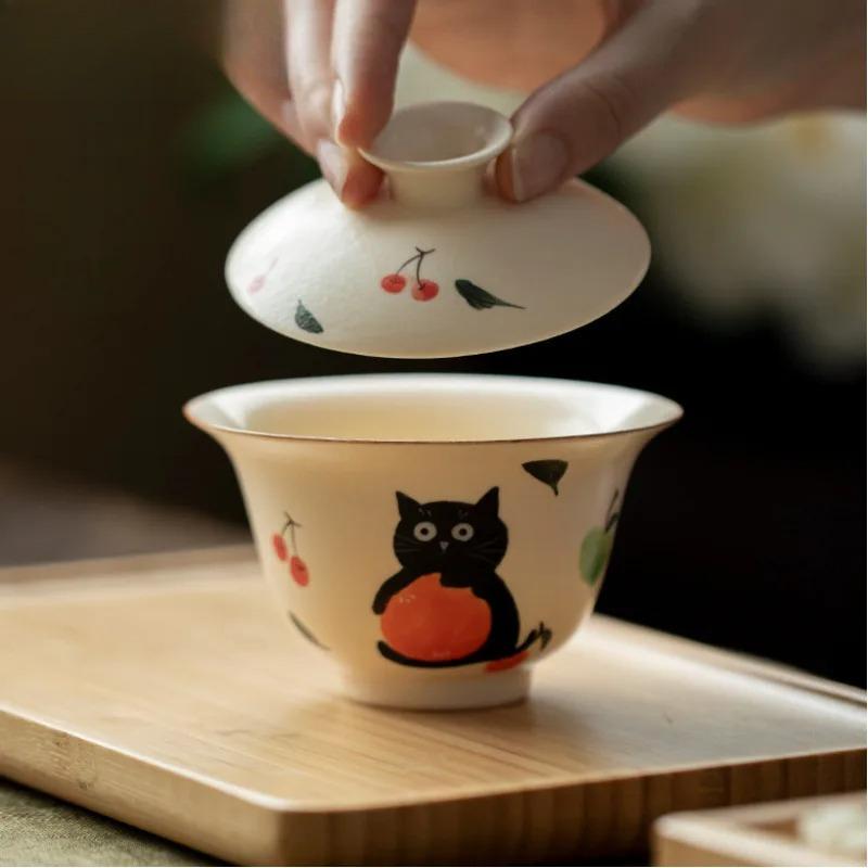 New Hand Painted Orange Cat Gaiwan Cute Ladies Tea Bowl Heat Resistant Kung Fu Tea Set Brewing Cup Exquisite Household Tea Set