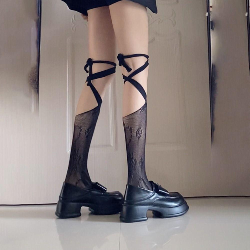 2Pairs Irregular Straps JK Lace-up Stockings Hollow Split Toe Socks  Ladies Girl