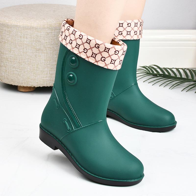 Women's rain shoes medium tube water shoes fashion warm rain boots women's cotton water boots non-slip work rubber shoes car wash kitchen