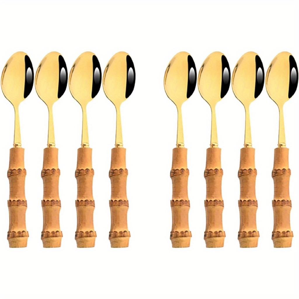 8pcs Golden Teaspoon, Stirring Spoon Bamboo Handle Ice Cream Spoon, Coffee Tea Spoon Set, Food Grade 304 Tablespoons, 6.3-inch