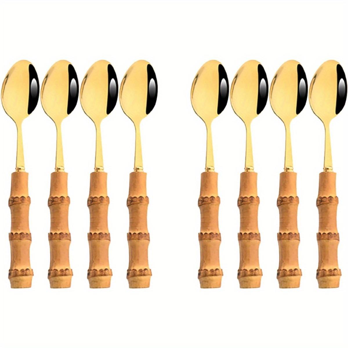 

8 шт. Золотая чайная ложка, ложка для помешивания, бамбуковая ручка, ложка для мороженого, набор чайных и кофейных ложек, столовые ложки из пищевой стали 304, 6,3 дюйма золотой