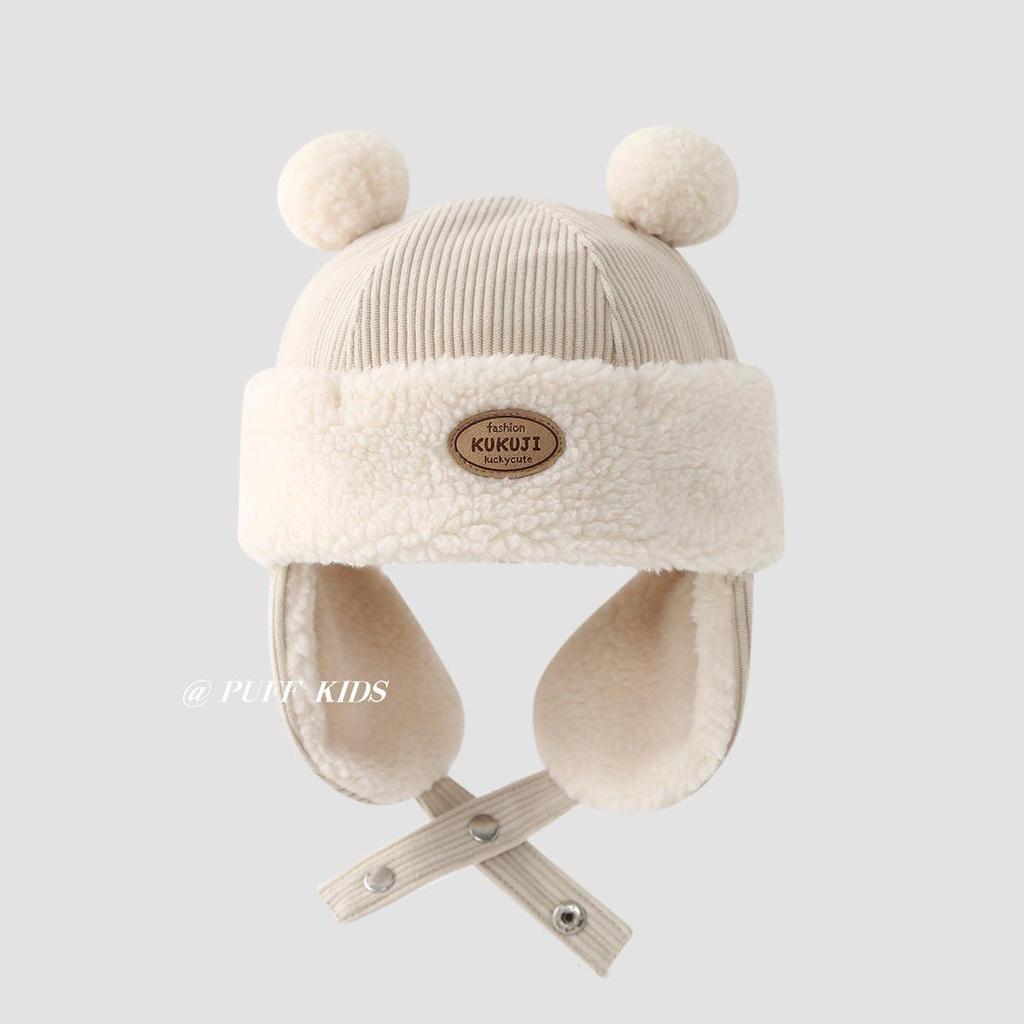 Children's Winter Hat with Fleece Lining, Windproof Corduroy Design, and Lambswool Ear Protection