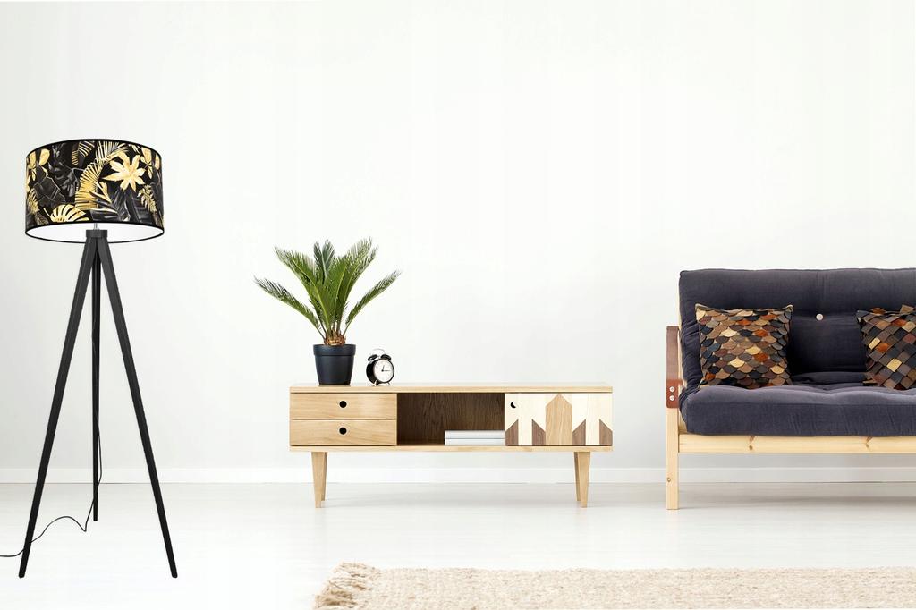 Stehlampe Dreibein Lampenschirm Goldene Blumen LED