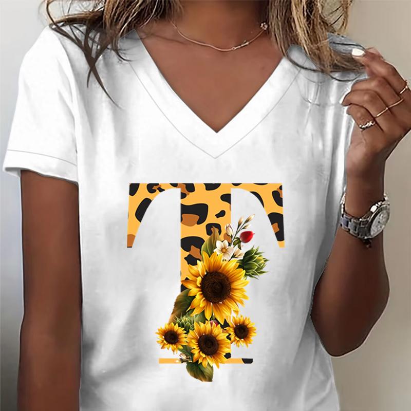 Unisexs Vneck Tshirt Sunflower Leopard Print Letter R Graphic Tee Watercolor Flower Leopard Print Tshirts Az 26 Alphabet Top