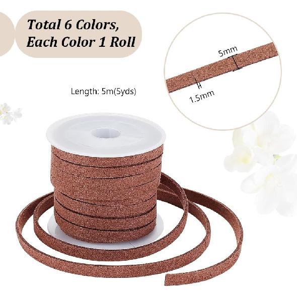 

PH PandaHall 5 мм Искусственная кожаный шнур 6 цветов Замшевый шнур Плоский Микрофибра Замшевая нить, 32,8 ярда/ 30 м Кожаный шнур для ожерелья браслета