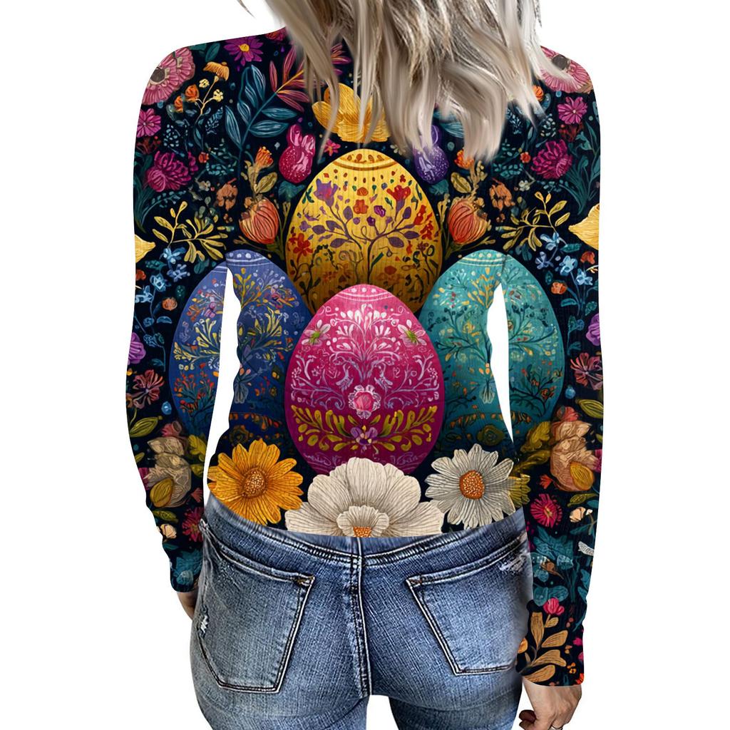 Women's Casual Fashion Round Neck Easter Print Long Sleeve Strip Top