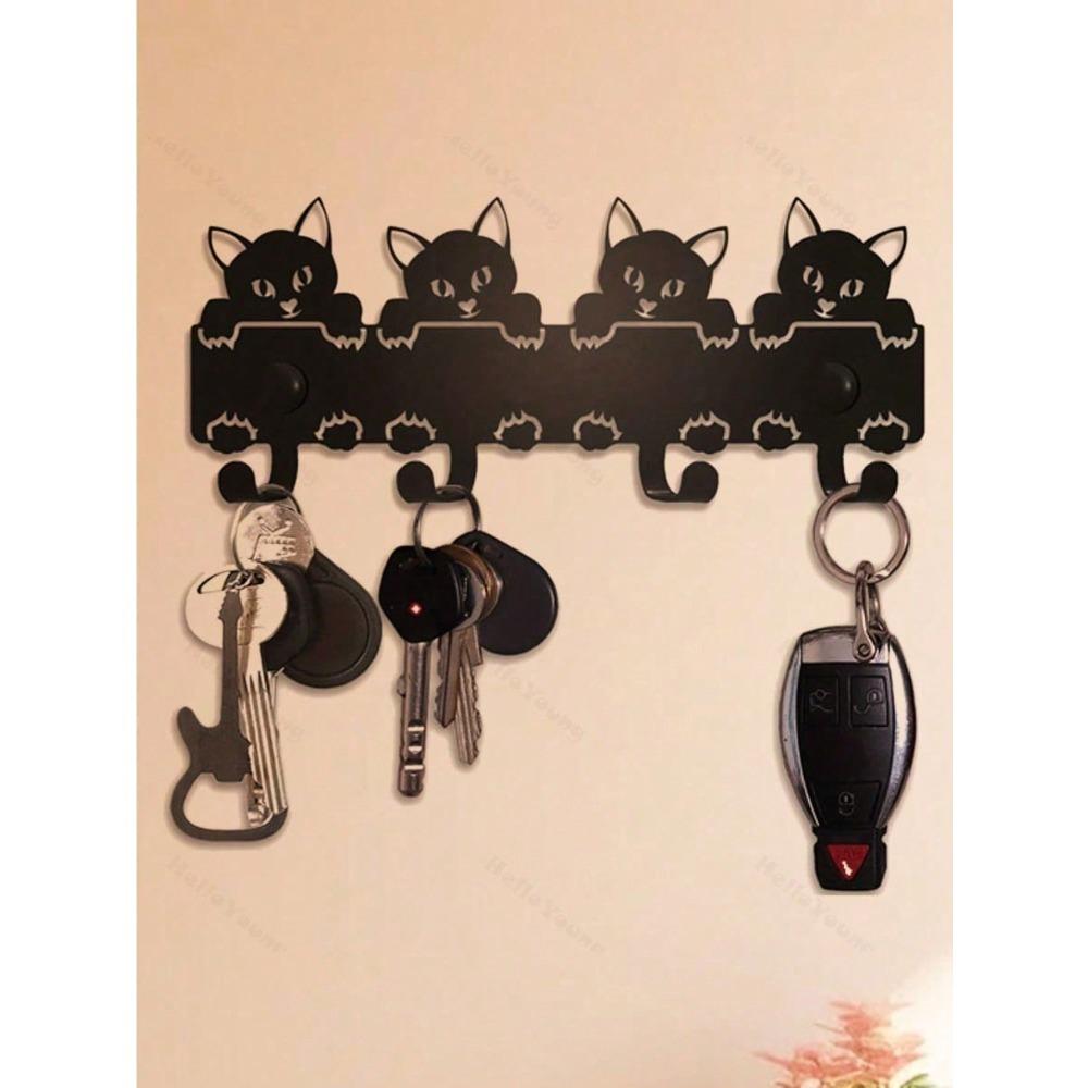 Black Metal Cat Hooks, Cute Kitten Wall Decor, Space Saving Wall Hooks for Hats Bags Towels, Entryway Bedroom Office Organization