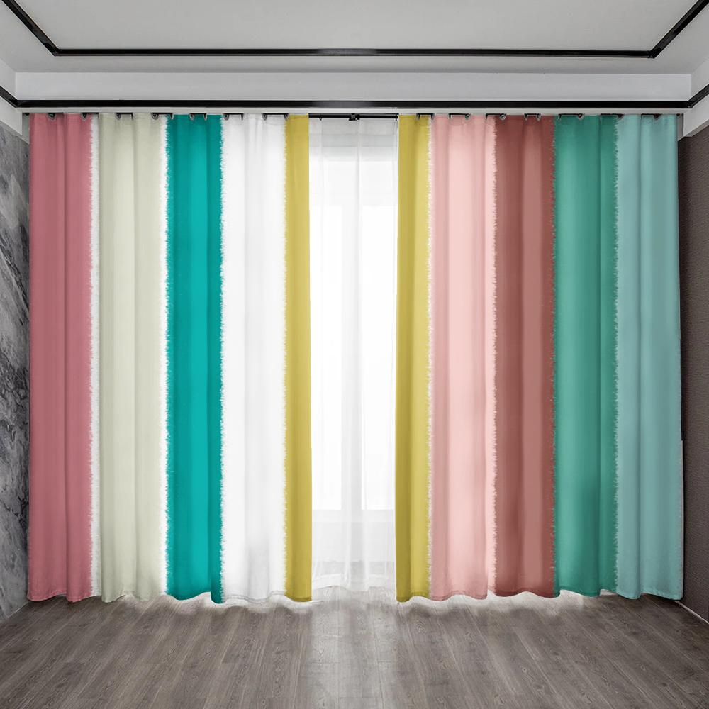 2PC Home Decoration Curtains With Geometric Stripes Background And Rod Pocket Curtains, Suitable For Kitchens, Cafes, Living