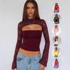 Women's Cutout Crop Top Long Lace Sleeve Slim Fit Party Going Out Top
