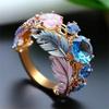 Gorgeous Inlaid Sea Blue CZ Leaves Enamel Women's Ring Gold Color Hand Carving Daily Wear Party Jewelry Anniversary Gift