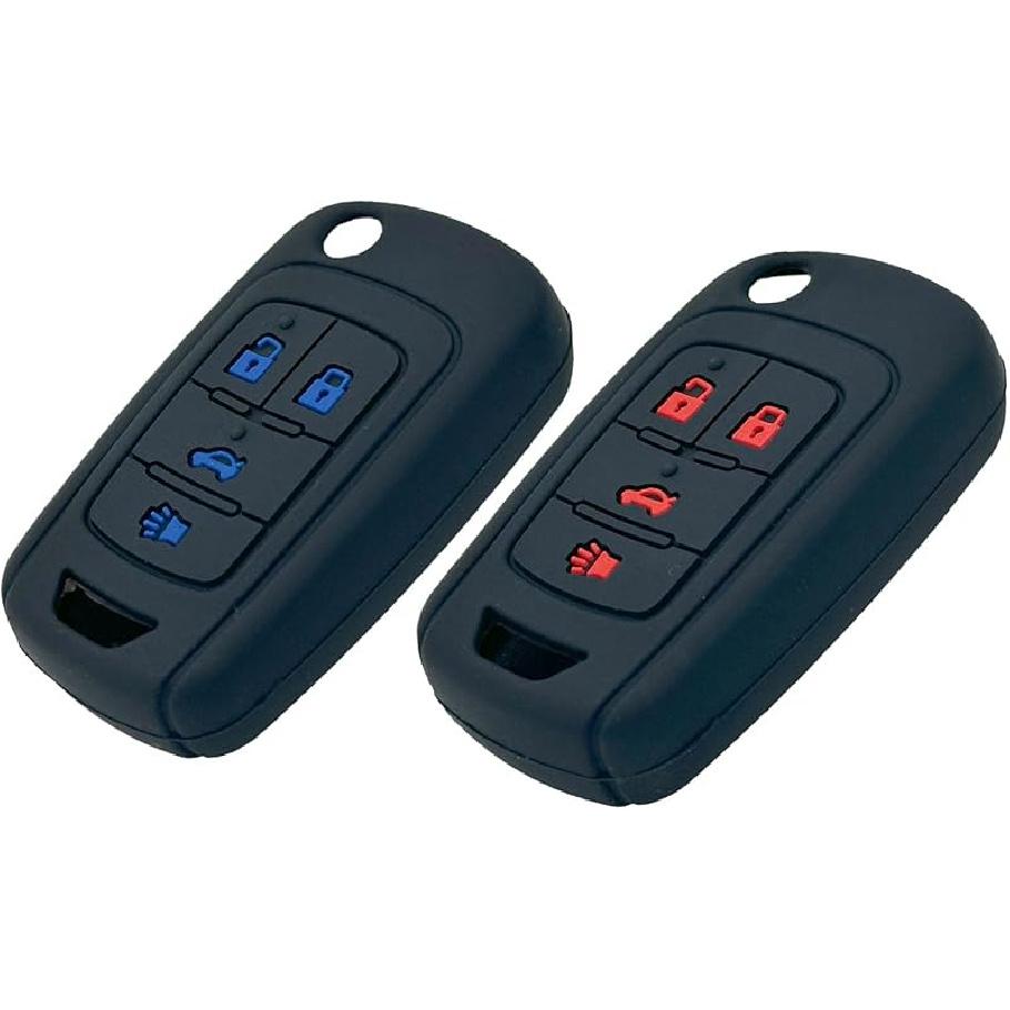 LemSa 2Pcs 4 Buttons Flip Key Fob Soft Silicone Rubber Cover Case Remote Keyless Protector Bag Holder Compatible with Chevrolet Camaro Cruze Chevy Red&Blue Buttons