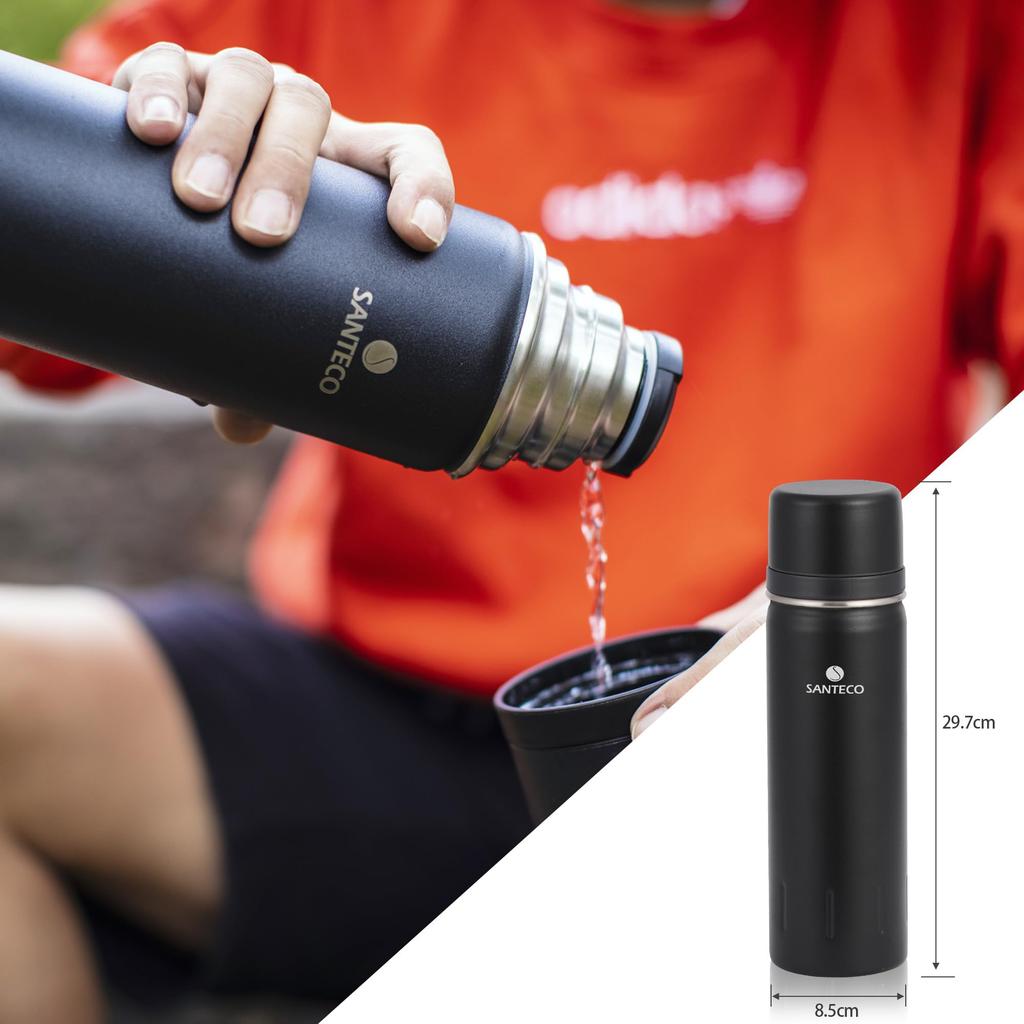 SANTECO Water Vacuum 1 Thermos with Stainless Steel 2 Cup Thermal Cold Large Compatible with Sports KOLIMA Black Bottle, Insulated, Liter, Cup,