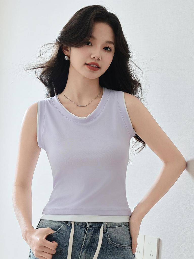 2026 Spring/Summer Women's Sleeveless Two-in-One Modal U-Neck Color Block Slim Fit Vest