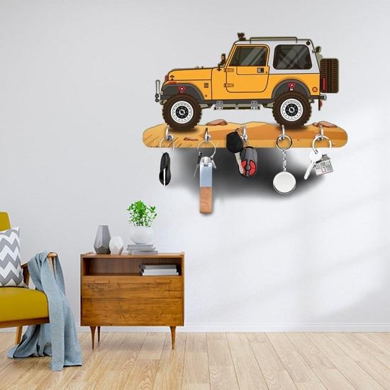 Premium HD UV Printed Mahindra Thar Car Shape designer Wooden Key Holder Home And Office Decor, Wood, Yellow