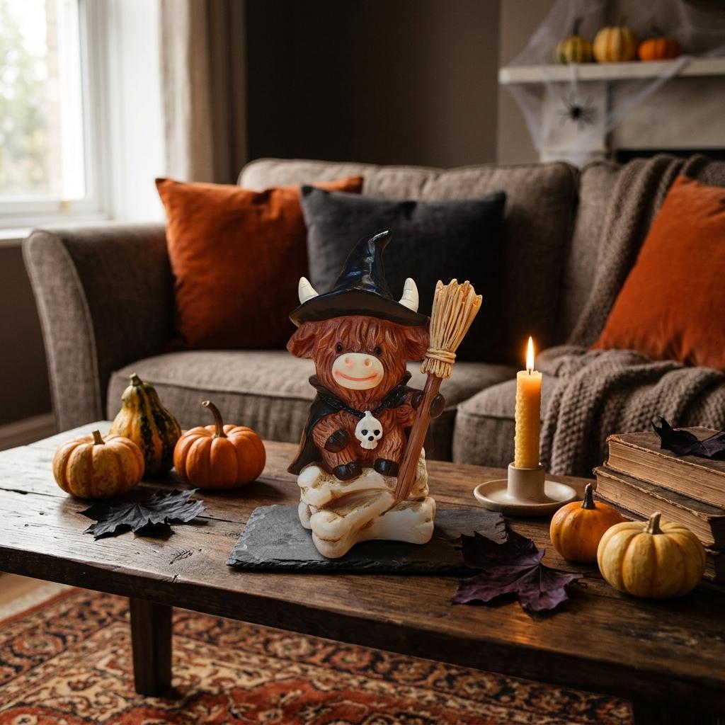 Halloween Resin Witch Broom Decoration with Pumpkin Theme for Party and Home Display