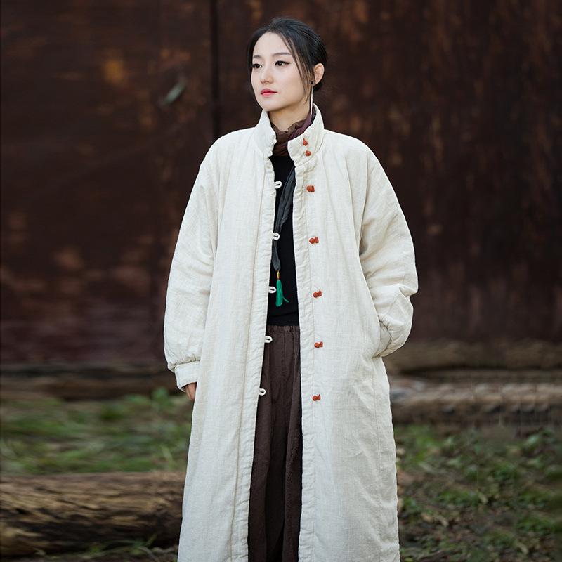 Women s Retro Chinese Style Cotton Linen Jacket with Plate Buckle - Sand Washed, Loose Fit, Padded Warmth One Size