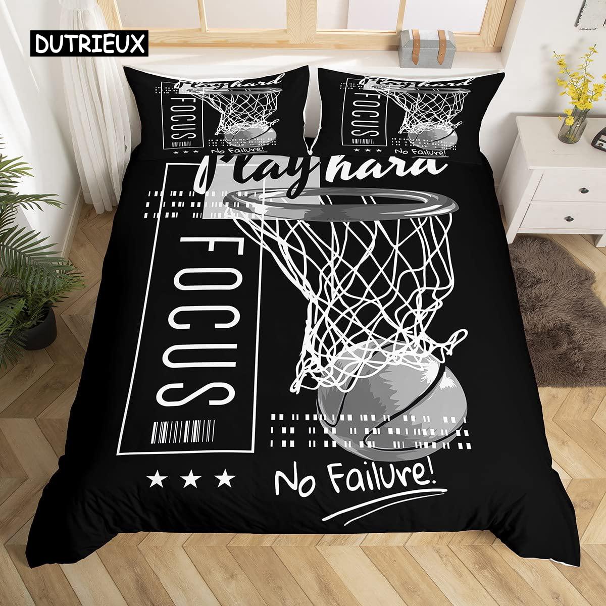 Basketbal Dekbedovertrek Set Sport Thema Beddengoed Set voor Jongens Tieners Mannen met Gemotiveerd Geen Fouten Patroon Zachte Dekbedovertrek EU single(135x200cm)