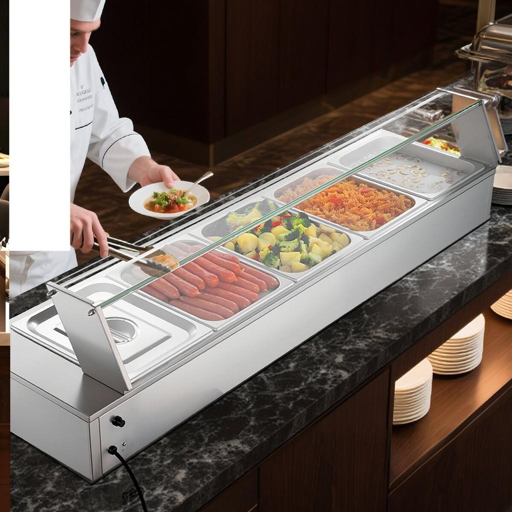 Commercial Food Warmer, 1500W Electric Stainless Steel Steam Food Warmer with Glass Cover, Countertop Buffet Bain Marie with Five 1/2 Size Food Pans,