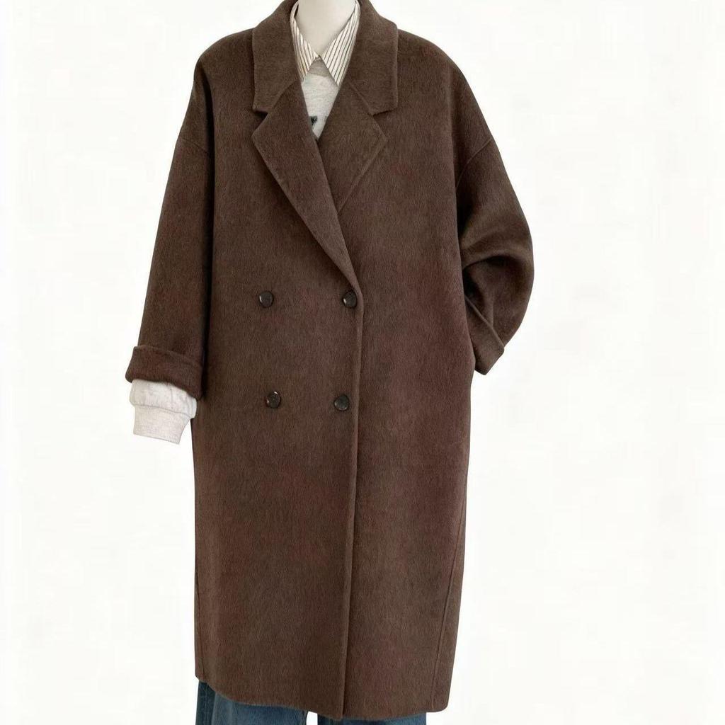 Women's Double-Sided Woolen Coat - Casual Loose Fit, Mid-Length, Suit Collar, Long Hair, Autumn/Winter 2025 Collection