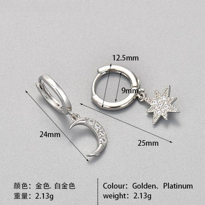 925 Silver CZ Star Moon Asymmetric Hoop Earrings for Women Gold Silver Stars Moon Circle Earrings Party Jewelry Gifts