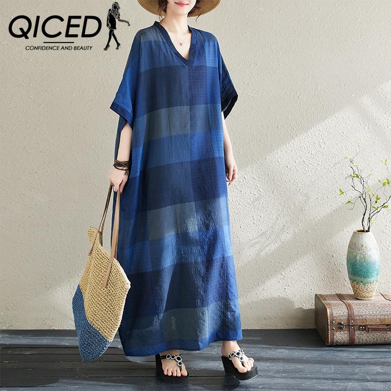 

QICED Лето-весна с коротким рукавом в стиле бохо, винтажное платье с v-образным вырезом и принтом, большие размеры, толстая мм, модная все, художественная длинная юбка, женская Uniform size синий