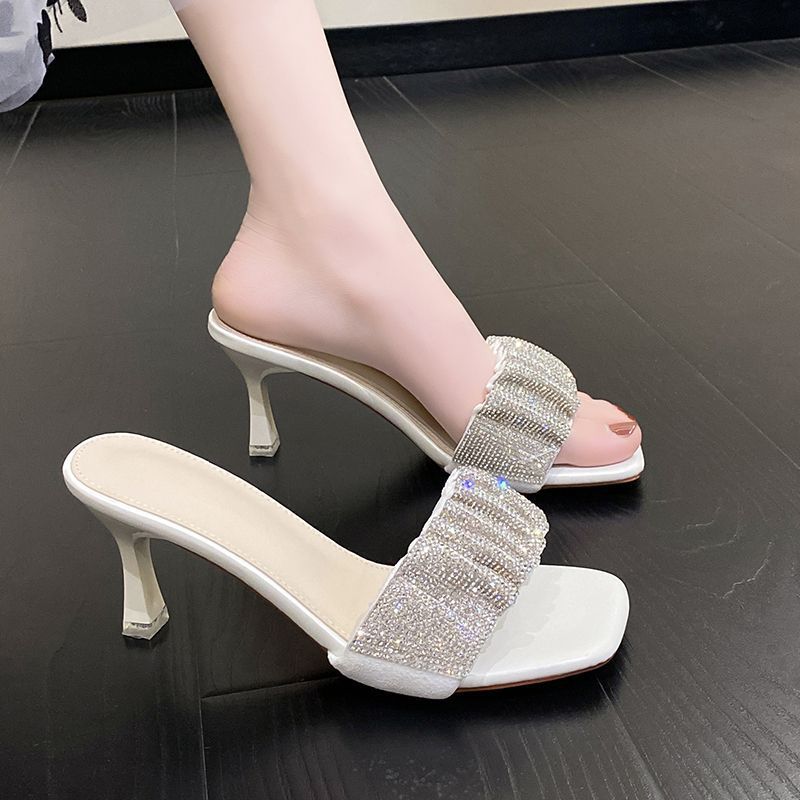 Versatile Square Head Open-toed Cool Slippers Women's 2025 Summer New Thin Heel with Skirt Elegant Rhinestone with High Heel