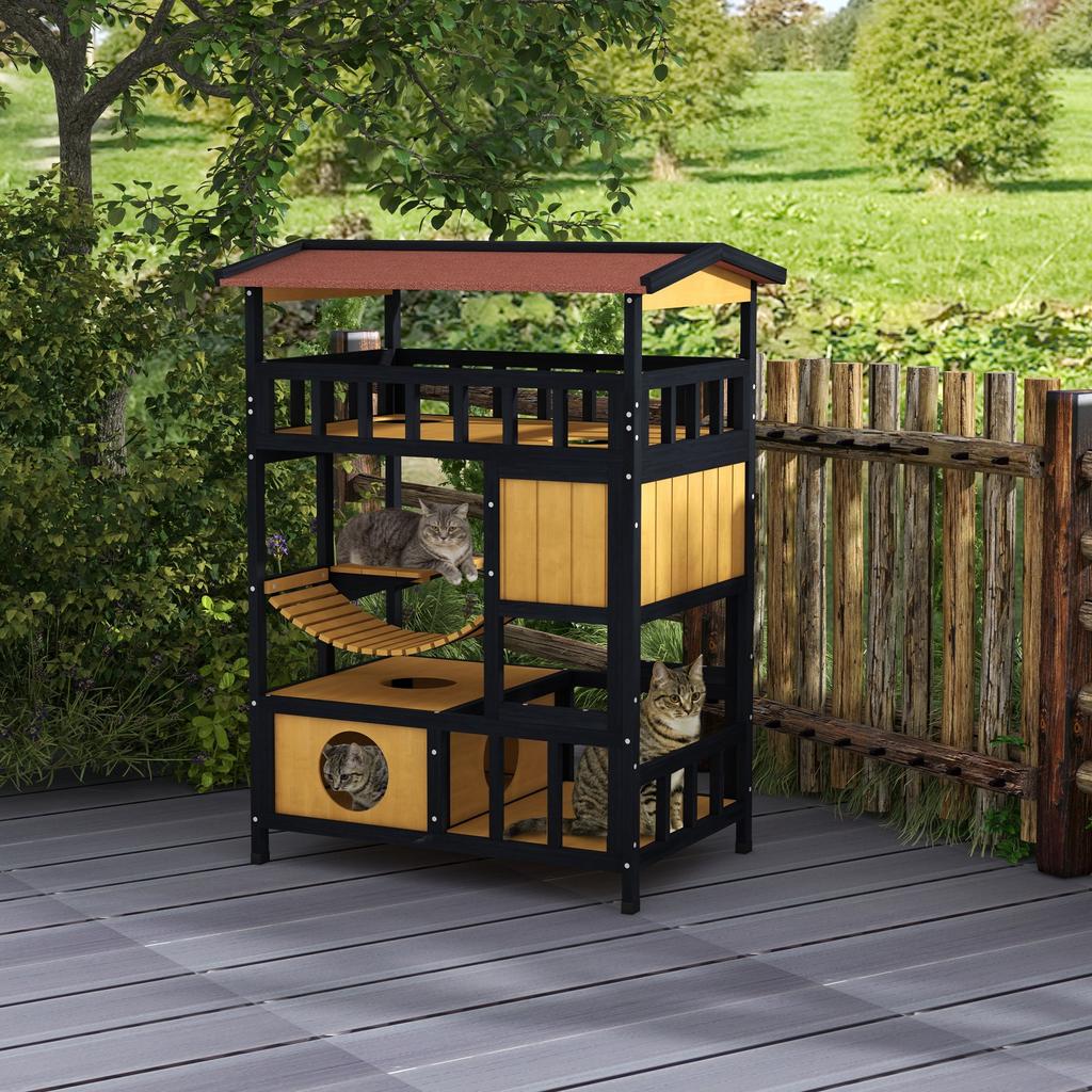 Outdoor Cat Shelter, Four-Tier Wooden Feral Cat House, with Suspension Bridge, Cat Houses, Balcony, Escape Doors