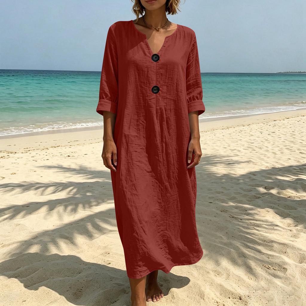 Women's Fashion Casual Color Dress with V-Neck, Button Front and Three-Quarter Sleeve
